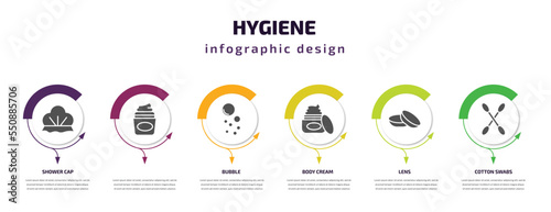 hygiene infographic element with filled icons and 6 step or option. hygiene icons such as shower cap, , bubble, body cream, lens, cotton swabs vector. can be used for banner, info graph, web.