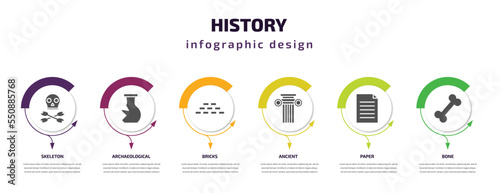 history infographic element with filled icons and 6 step or option. history icons such as skeleton, archaeological, bricks, ancient, paper, bone vector. can be used for banner, info graph, web.