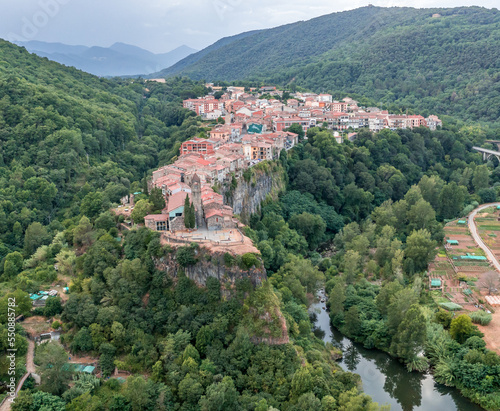 Obraz na płótnie Amazing aerial view on Castellfollit de la Roca, picturesque medieval village in Catalonia Spain w salonie