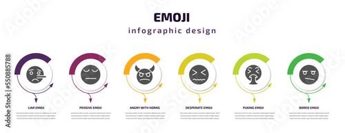 emoji infographic element with filled icons and 6 step or option. emoji icons such as liar emoji, pensive angry with horns desperate puking bored vector. can be used for banner, info graph, web.