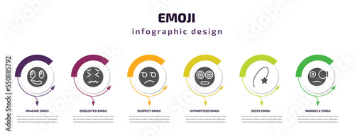 emoji infographic element with filled icons and 6 step or option. emoji icons such as imagine emoji, disgusted suspect hypnotized dizzy monocle vector. can be used for banner, info graph, web.