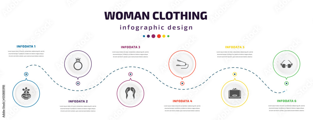 woman clothing infographic element with filled icons and 6 step or option. woman clothing icons such as stylish perfume bottle, engagement ring, hair wig, hair iron, wallet, eyeglasses vector. can woman clothing infographic element with filled icons and 6 step or option. woman clothing icons such as stylish perfume bottle, engagement ring, hair wig, hair iron, wallet, eyeglasses vector. can