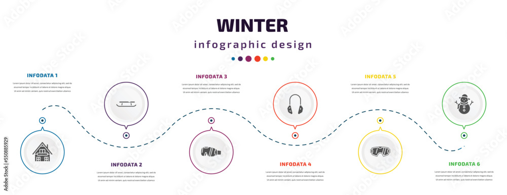 winter infographic element with filled icons and 6 step or option. winter icons such as chalet, sled, goggles, earmuffs, snow goggle, snowman vector. can be used for banner, info graph, web. winter infographic element with filled icons and 6 step or option. winter icons such as chalet, sled, goggles, earmuffs, snow goggle, snowman vector. can be used for banner, info graph, web.