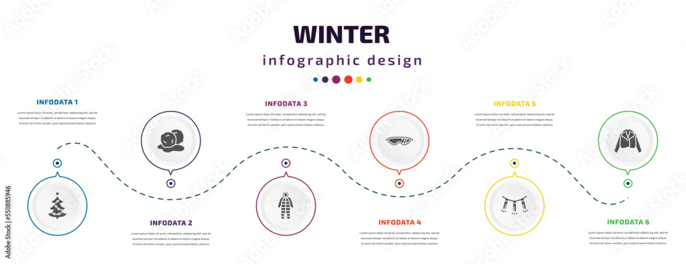 winter infographic element with filled icons and 6 step or option. winter icons such as christmas tree, snow ball, snowsuit, safety glasses, lights, fur coat vector. can be used for banner, info winter infographic element with filled icons and 6 step or option. winter icons such as christmas tree, snow ball, snowsuit, safety glasses, lights, fur coat vector. can be used for banner, info