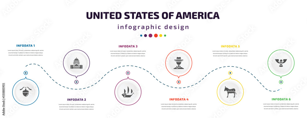 Fototapeta premium united states of america infographic element with filled icons and 6 step or option. united states of america icons such as thanksgiving ornament, capitol, columbus day, cowboy, democrat, eagle