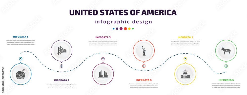 Fototapeta premium united states of america infographic element with filled icons and 6 step or option. united states of america icons such as burger, golden state, grand canyon, statue of liberty, washington, donkey