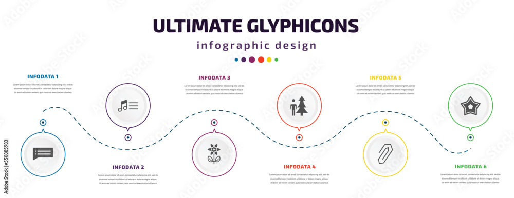 Fototapeta premium ultimate glyphicons infographic element with filled icons and 6 step or option. ultimate glyphicons icons such as writing message, music menu, flower with leaves, man and tree, attach rotated, star