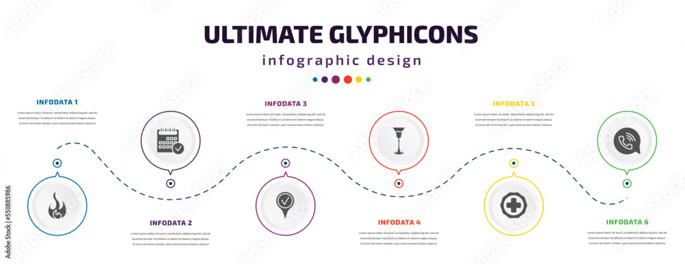 ultimate glyphicons infographic element with filled icons and 6 step or option. ultimate glyphicons icons such as round flame, calendar checked, checked pin, cocktail glass, plus button, phone ultimate glyphicons infographic element with filled icons and 6 step or option. ultimate glyphicons icons such as round flame, calendar checked, checked pin, cocktail glass, plus button, phone