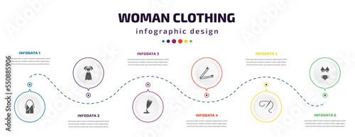 woman clothing infographic element with filled icons and 6 step or option. woman clothing icons such as hobo shoulder bag, lace dress with belt, creme container black, hair clip tool, needle,