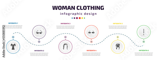 woman clothing infographic element with filled icons and 6 step or option. woman clothing icons such as rectangular, glasses for eyes, hair wig with side, reading eyeglasses, human black hair, zip