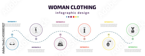 woman clothing infographic element with filled icons and 6 step or option. woman clothing icons such as glasses, female long black dress, handbag of female, long dress, parfum bottle, strapless tube