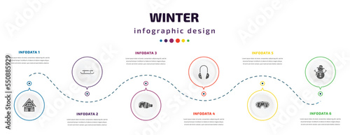 winter infographic element with filled icons and 6 step or option. winter icons such as chalet, sled, goggles, earmuffs, snow goggle, snowman vector. can be used for banner, info graph, web.