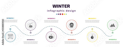 winter infographic element with filled icons and 6 step or option. winter icons such as ski equiptment, ski lift, hot drink, snow globe, bauble, snowy mountain vector. can be used for banner, info