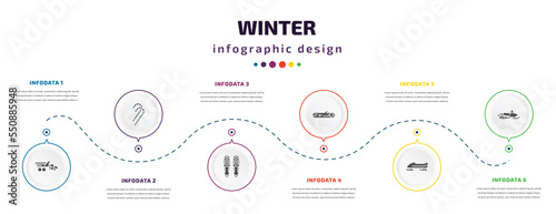winter infographic element with filled icons and 6 step or option. winter icons such as snowplow, candy cane, snowshoes, logs, bobsled, snowmobile vector. can be used for banner, info graph, web.