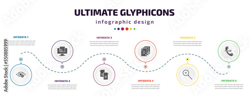 ultimate glyphicons infographic element with filled icons and 6 step or option. ultimate glyphicons icons such as private eye, tv wireless connection, message ballon, three cards, zoom button, phone