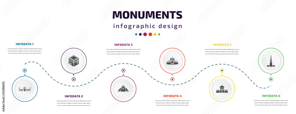 monuments infographic element with filled icons and 6 step or option. monuments icons such as id kah mosque, kaaba building, pyramid of the magician, thatbyinnyu temple, dome of the rock, qutb minar monuments infographic element with filled icons and 6 step or option. monuments icons such as id kah mosque, kaaba building, pyramid of the magician, thatbyinnyu temple, dome of the rock, qutb minar