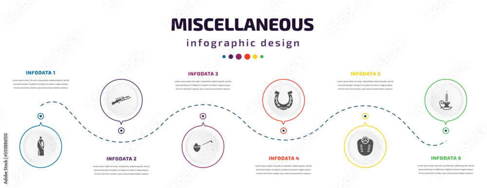 miscellaneous infographic element with filled icons and 6 step or option. miscellaneous icons such as detergen, flame thrower, measuring spoon, horseshoes, body weight, candlestick vector. can be miscellaneous infographic element with filled icons and 6 step or option. miscellaneous icons such as detergen, flame thrower, measuring spoon, horseshoes, body weight, candlestick vector. can be