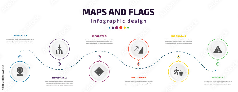 maps and flags infographic element with filled icons and 6 step or option. maps and flags icons such as locator, crossing road caution, road left side, mining work zone, use dust bin, maps and flags infographic element with filled icons and 6 step or option. maps and flags icons such as locator, crossing road caution, road left side, mining work zone, use dust bin,