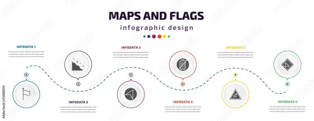 maps and flags infographic element with filled icons and 6 step or option. maps and flags icons such as plain flag, rock landslide safety, navigate, no luggage, right reverse curve, land slide maps and flags infographic element with filled icons and 6 step or option. maps and flags icons such as plain flag, rock landslide safety, navigate, no luggage, right reverse curve, land slide