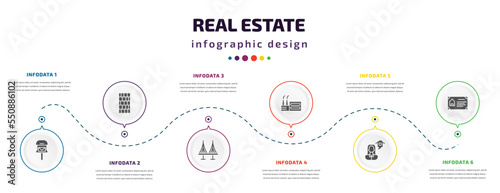 real estate infographic element with filled icons and 6 step or option. real estate icons such as mailbox, wall, bridges, industrial park, or, certification vector. can be used for banner, info
