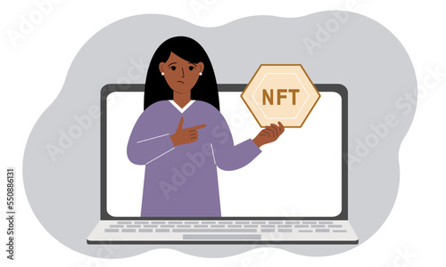 NFT concept. A laptop in which a woman with the image of NFT in the palm of his hand. Auction of non-fungible tokens, markets, online education.