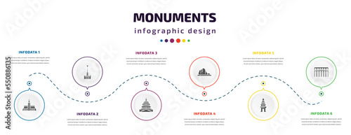 monuments infographic element with filled icons and 6 step or option. monuments icons such as hassan mosque, cathedral, united states capitol, canyon, cambodia, segovia aqueduct vector. can be used