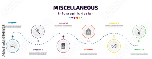 miscellaneous infographic element with filled icons and 6 step or option. miscellaneous icons such as wringer, carpet beater, front camera, stained glass window, catapult, army dog tag vector. can