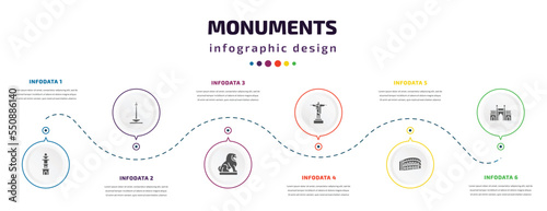 monuments infographic element with filled icons and 6 step or option. monuments icons such as the clock tower, national monument monas, imperial guardian lion, , pula arena, gat of india vector.