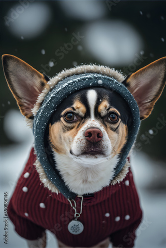 dog in santa claus cap in the snow, snowy christmas