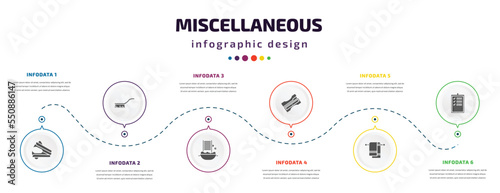 miscellaneous infographic element with filled icons and 6 step or option. miscellaneous icons such as stapler remover, cleaning brush, washboard, sharpen, towel rack, evaluate vector. can be used