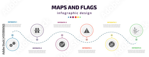 maps and flags infographic element with filled icons and 6 step or option. maps and flags icons such as flags, flyover bridge, no smoking pipe, caution, no skiing, walking up stair vector. can be
