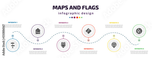 maps and flags infographic element with filled icons and 6 step or option. maps and flags icons such as vintage, smoking place, reading zone, curves ahead, taxi stop, no littering vector. can be
