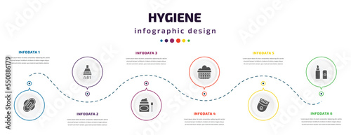 hygiene infographic element with filled icons and 6 step or option. hygiene icons such as hygienic pad, extractor, scrub up, laundry basket, epilator, lip balm vector. can be used for banner, info