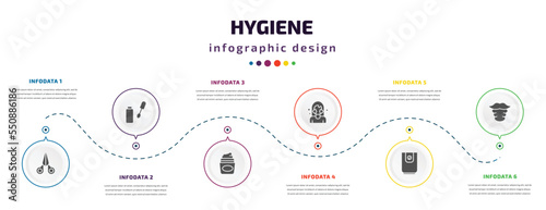 hygiene infographic element with filled icons and 6 step or option. hygiene icons such as nail scissors, dolled up, , face washer, water heater, beardy vector. can be used for banner, info graph,