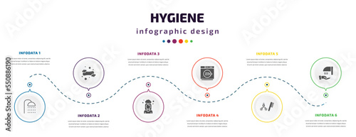hygiene infographic element with filled icons and 6 step or option. hygiene icons such as douche, lather, hair washing, dryer, grooming, drying hands vector. can be used for banner, info graph, web.