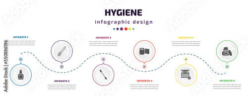 hygiene infographic element with filled icons and 6 step or option. hygiene icons such as varnish, toilet brush, cotton swab, paper towel, appointment book, body cream vector. can be used for