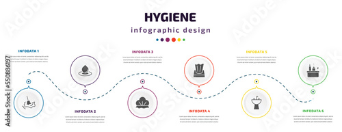 hygiene infographic element with filled icons and 6 step or option. hygiene icons such as wet cleaning, purity, shower cap, tissues, washbowl, hygiene kit vector. can be used for banner, info graph,