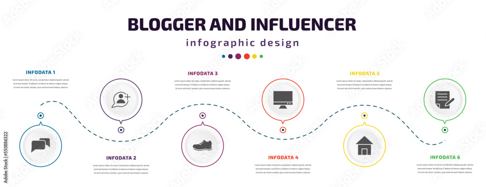 blogger and influencer infographic element with filled icons and 6 step or option. blogger and influencer icons such as conversation, follower, sport shoe, monitor, home, copywriter vector. can be blogger and influencer infographic element with filled icons and 6 step or option. blogger and influencer icons such as conversation, follower, sport shoe, monitor, home, copywriter vector. can be