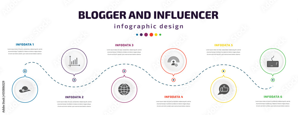 blogger and influencer infographic element with filled icons and 6 step or option. blogger and influencer icons such as fashion, statistics, world, influencer, likes, keyboard vector. can be used blogger and influencer infographic element with filled icons and 6 step or option. blogger and influencer icons such as fashion, statistics, world, influencer, likes, keyboard vector. can be used