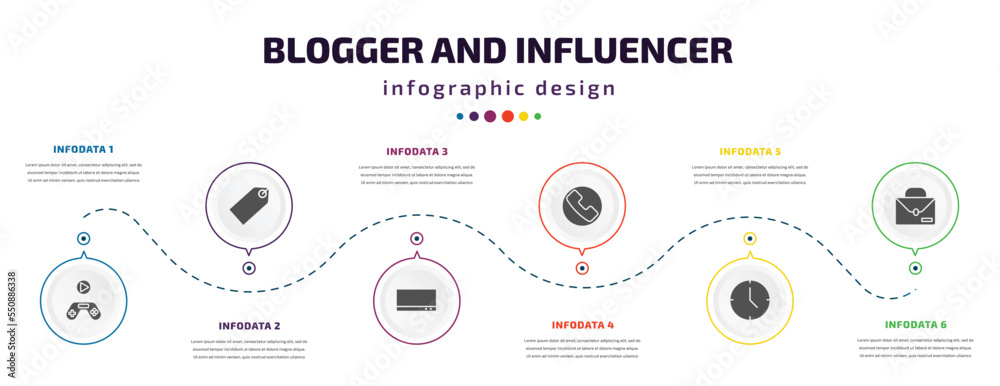 blogger and influencer infographic element with filled icons and 6 step or option. blogger and influencer icons such as gameplay, label, tv, phone, clock, work vector. can be used for banner, info blogger and influencer infographic element with filled icons and 6 step or option. blogger and influencer icons such as gameplay, label, tv, phone, clock, work vector. can be used for banner, info