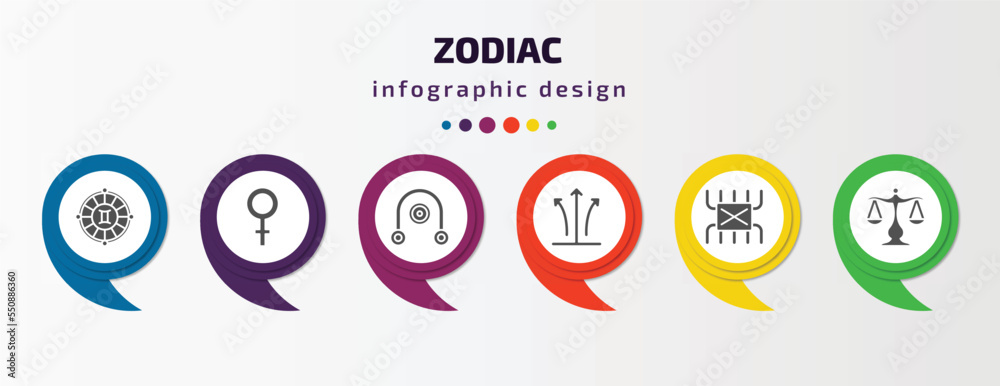 zodiac infographic element with filled icons and 6 step or option. zodiac icons such as time changes, venus, coagulation, tartar, lifes challenges, libra vector. can be used for banner, info graph, zodiac infographic element with filled icons and 6 step or option. zodiac icons such as time changes, venus, coagulation, tartar, lifes challenges, libra vector. can be used for banner, info graph,
