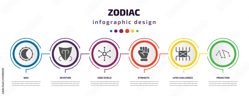 zodiac infographic element with filled icons and 6 step or option. zodiac icons such as wax, devotion, gods shield, strength, lifes challenges, projection vector. can be used for banner, info graph, zodiac infographic element with filled icons and 6 step or option. zodiac icons such as wax, devotion, gods shield, strength, lifes challenges, projection vector. can be used for banner, info graph,