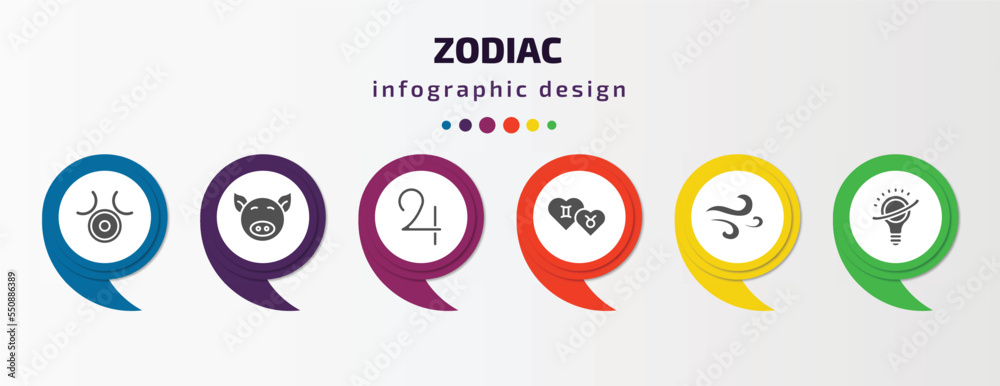 zodiac infographic element with filled icons and 6 step or option. zodiac icons such as zinc, good luck, jupiter, friendship, air, knowledge vector. can be used for banner, info graph, web. zodiac infographic element with filled icons and 6 step or option. zodiac icons such as zinc, good luck, jupiter, friendship, air, knowledge vector. can be used for banner, info graph, web.