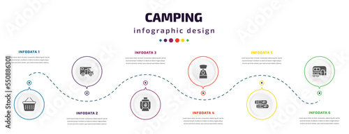 camping infographic element with filled icons and 6 step or option. camping icons such as basket, camper van, lamp, toilet, firewood, caravan vector. can be used for banner, info graph, web.