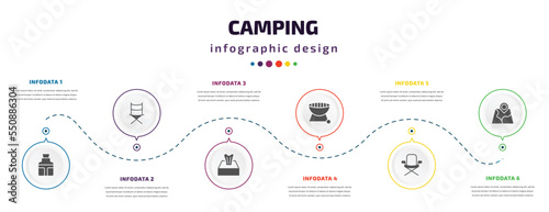 camping infographic element with filled icons and 6 step or option. camping icons such as flask, folding chair, tissue, grill, chair, map vector. can be used for banner, info graph, web.