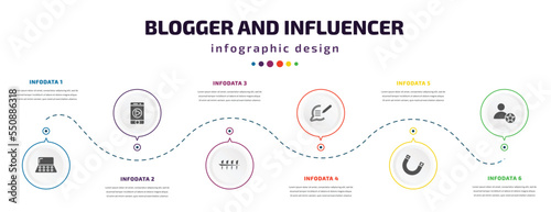 blogger and influencer infographic element with filled icons and 6 step or option. blogger and influencer icons such as makeup palette, mobile video, counting, blog, magnet, famous vector. can be