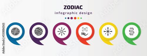 zodiac infographic element with filled icons and 6 step or option. zodiac icons such as inequality, mars, craftiness, encouragement, soot, toughness vector. can be used for banner, info graph, web.