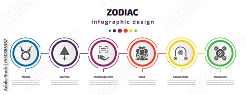 zodiac infographic element with filled icons and 6 step or option. zodiac icons such as taurus, sulphur, encouragement, virgo, coagulation, excellence vector. can be used for banner, info graph,