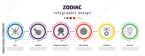zodiac infographic element with filled icons and 6 step or option. zodiac icons such as still, freedom, standard of quality, time changes, antimony, neptune vector. can be used for banner, info