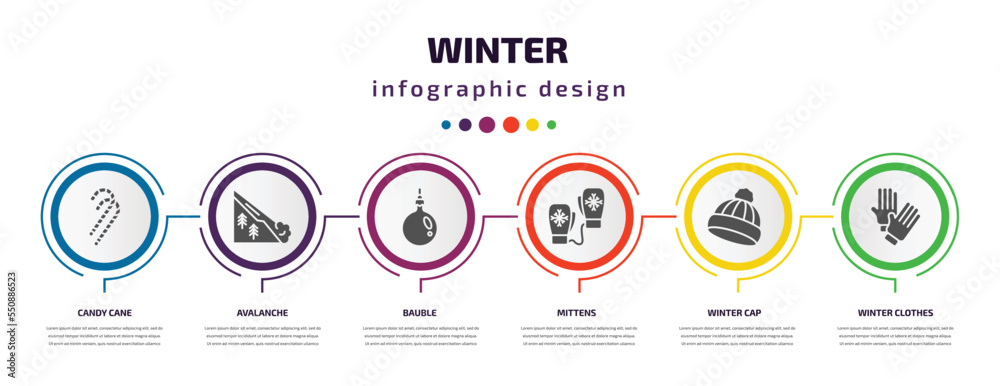 winter infographic element with filled icons and 6 step or option. winter icons such as candy cane, avalanche, bauble, mittens, winter cap, clothes vector. can be used for banner, info graph, web. winter infographic element with filled icons and 6 step or option. winter icons such as candy cane, avalanche, bauble, mittens, winter cap, clothes vector. can be used for banner, info graph, web.
